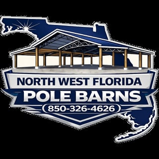 North West Florida Pole Barns logo featuring a pole barn structure with contact number 850-326-4626